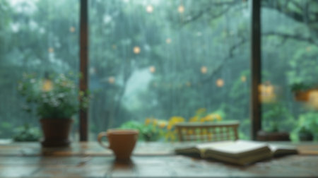 Blur background of wooden table with coffee cup, book and flower pot in rainy season. Realistic digital art. Comfort and relaxation concept. Design for book covers, cozy lifestyle blog. Spate.の写真素材