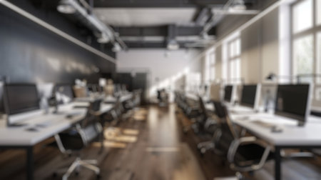 Blur background of modern living room with panoramic windows and city skyline view. Modern workplace or office interior design. Contemporary interior design concept. Design for wallpaper. Spate.の写真素材