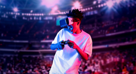 Adult holding joystick and wearing VR goggles while enjoy playing games at stadium with blurring background. African man enjoy controlling controller and using augmented reality technology. Ingenuity.の写真素材