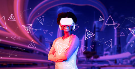 African girl wearing VR glasses and casual cloth while standing at futuristic city. Attractive gamer...