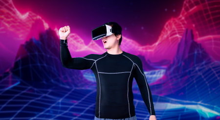 Skilled gamer celebrate victory in video game while wearing VR headset with blue and pink abstract...