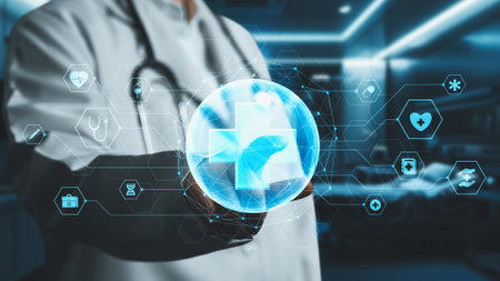 Close up of smart doctor pointing at medical cross hologram floating at laboratory. Professional...