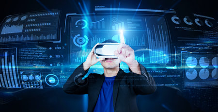 Smart business man with goggles working while using AI technology. Manager accessing at global...
