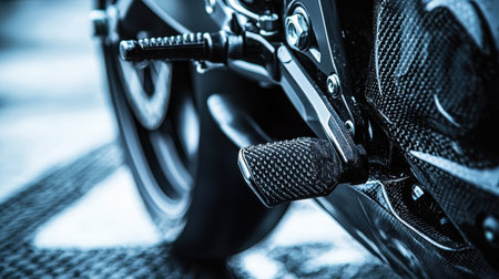 This close-up shot captures the intricate details of a motorbike footpeg, showcasing its sleek design and robust texture, perfect for enthusiasts and designers alike.の写真素材