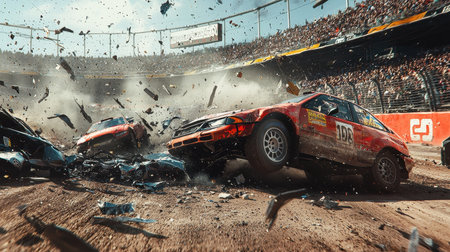 Intense moment captured during a motorsports event showing a dramatic car crash involving multiple...