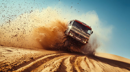 A truck struggles for control during the Dakar Rally, creating a cloud of dust in the desert landscape. The image captures the thrill of off-road racing and adventure.の写真素材