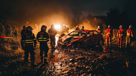 A dramatic scene capturing the chaotic aftermath of a WRC crash, with emergency responders and a...