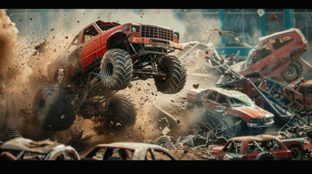 A thrilling moment as a monster truck soars through the air, showcasing incredible power and skill...