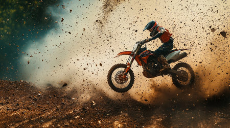A motocross rider navigates a sharp corner with skill, sending dirt and dust into the air. The...