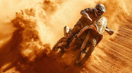 A thrilling moment captured during the Dakar Rally, showcasing a rider navigating through sandy terrain, surrounded by dust and excitement.の写真素材