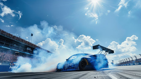 A vibrant scene capturing a high-energy GT3 car launching from the start line, surrounded by smoke and excitement from the cheering crowd on a sunny day.の写真素材