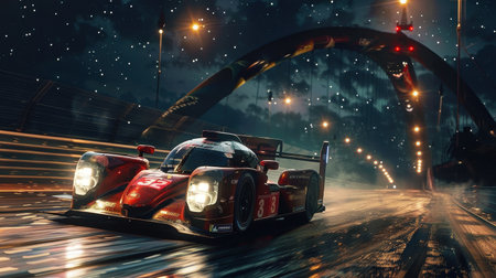 A sleek racing car approaches the iconic Dunlop Bridge at night, surrounded by vibrant lights and dramatic scenery, capturing the thrill of motorsport.の写真素材