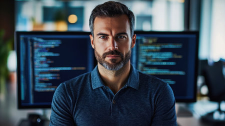A focused portrait of a young European male IT specialist in a modern workspace, showcasing...