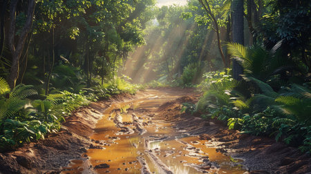 A muddy track winds through a dense forest, illuminated by soft sunlight filtering through the...