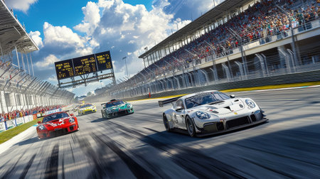 Captivating view of an action-packed scene at a GT3 race event. Several high-performance racing cars compete fiercely on the track, showcasing speed and skill.の写真素材