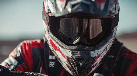 A close-up shot of a Dakar Rally motorcycle rider showcasing intense focus and determination. The riders helmet reflects the challenging outdoor environment, evoking a sense of adventure and speed.の写真素材