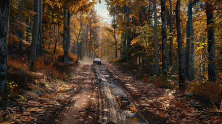A car navigates a muddy trail in a vibrant autumn forest, surrounded by colorful leaves and trees,...