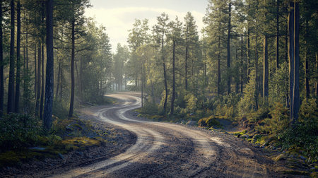 A picturesque gravel track winds through a lush forest, offering a peaceful escape into nature. The...