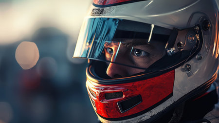 A detailed close-up image of a race driver adjusting their helmet visor, showcasing determination and focus in preparation for a motorsport event.の写真素材