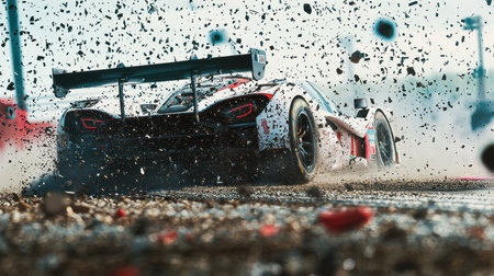 A stunning capture of a race car skidding across gravel at Le Mans, illustrating the thrill and...