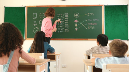 Smart teacher checking cute student homework while explaining idea at class. Attractive instructor walking around classroom while looking at notebook and talking about Math theory to child. Pedagogy.の写真素材