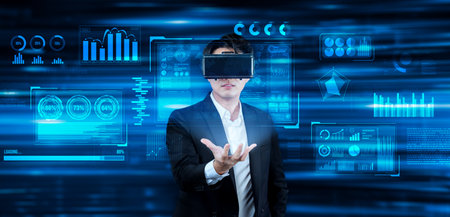 Smart business man connecting at global network by using VR glasses. Project manager accessing big...