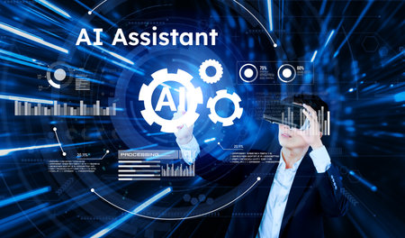 Smart businessman wearing suit and VR goggle while using AI assistance planning plan. Project manager generating data by using augmented reality glasses while pointing at glowing hologram. Ingenuity.の写真素材