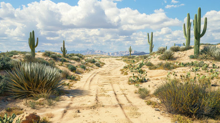 A stunning view of a sandy desert track lined with cacti and desert plants, under a vibrant blue sky...