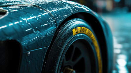 This close-up image showcases a racing cars wheel arch, highlighting the intricate details of the tire with water droplets, emphasizing speed and performance.の写真素材