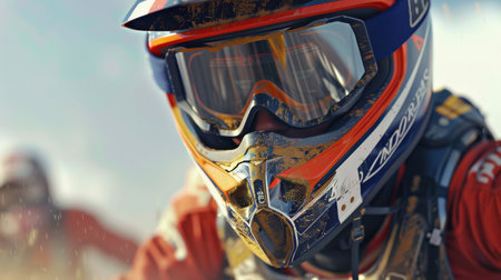 A close-up shot capturing the intense focus of a motorcycle rider during the Dakar Rally, showcasing...