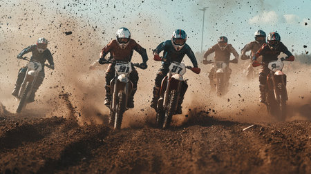 A thrilling scene captures multiple motocross bikes racing through a dusty track. Riders showcase...