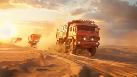 A convoy of trucks stirs up dust as they traverse a sandy desert landscape during sunset, showcasing the vibrant colors and adventurous spirit of the journey.の写真素材