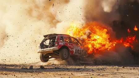 A thrilling moment captured at the Dakar Rally, showcasing an SUV engulfed in flames after a...