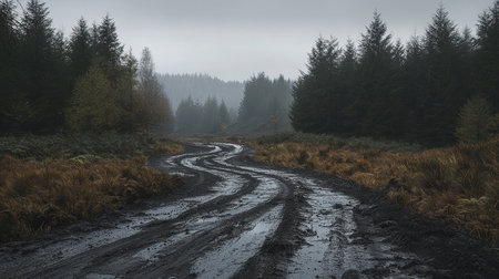 A winding muddy track meanders through a serene forest with tall trees and misty hills in the...