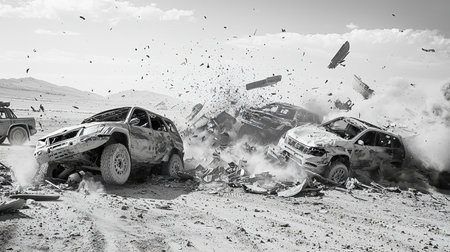 A striking high contrast image depicting a dramatic vehicle pileup surrounded by debris and dust, highlighting chaos and the aftermath of an accident.の写真素材