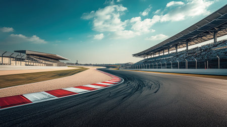 A stunning view of an empty hairpin turn on a racing track captures the tranquility of the scene, surrounded by grandstands and a vast sky.の写真素材