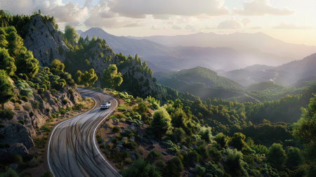 A breathtaking scenic view capturing a car navigating a winding rally stage through a mountainous...