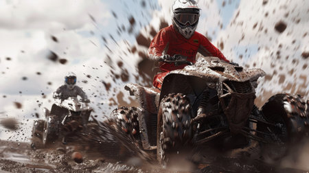 High-action scene of quads maneuvering sharply through muddy terrain, showcasing skill and speed. The riders navigate challenging conditions, creating an exciting visual.の写真素材