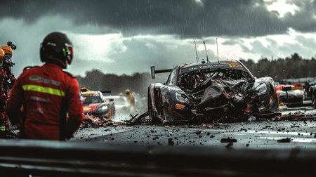 This powerful image captures the chaotic aftermath of a devastating incident at a Le Mans race. Debris scatters across the track under a dramatic sky, highlighting the intensity of motorsport.の写真素材