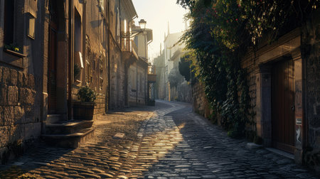 A tranquil narrow track in a historic setting, showcasing cobblestone streets and charming buildings, bathed in warm morning light, inviting exploration.の写真素材