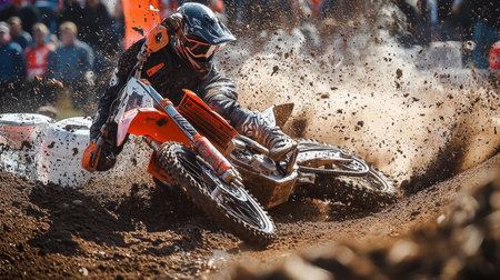 A thrilling moment captures a motocross bike in action during a collision. Dust flies as the rider...