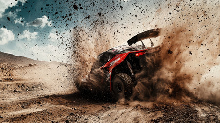 A dramatic scene capturing a buggy racing through a dusty terrain in the Dakar Rally. The image showcases high energy and adventure in an off-road environment.の写真素材