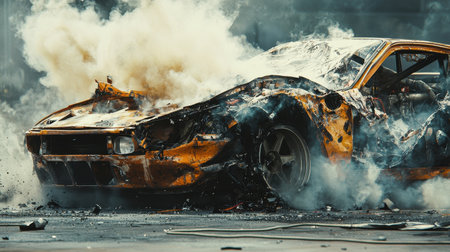 A dramatic close-up shot of a burned race car after a severe accident, featuring smoke and debris, highlighting the intense aftermath of a racing incident.の写真素材