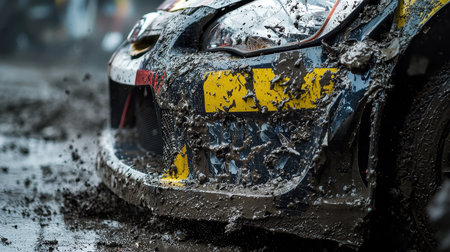 A close-up shot of a wrecked car bumper showing significant mud and debris after a motorsport event, highlighting the intensity of racing.の写真素材