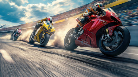 Three motorbikes compete at high speed on a straightaway, capturing the thrill of racing. Dust rises...