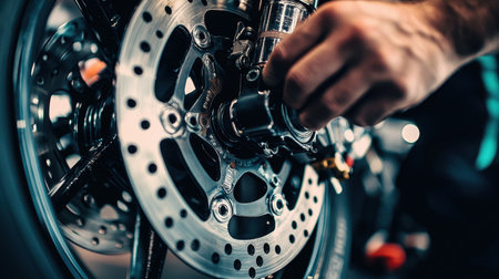 A mechanic closely inspects the brake system of a motorcycle in a workshop. This image captures the precision and detail involved in motorcycle maintenance and repair.の写真素材