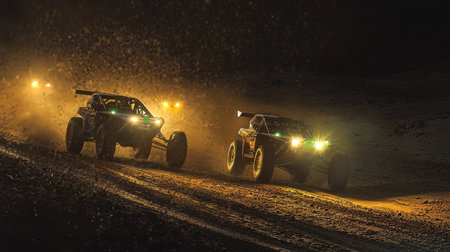 Dynamic night race featuring buggies in the Dakar Rally, illuminated by bright headlights as they navigate through dusty terrain, showcasing adventure and speed.の写真素材