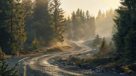 A tranquil gravel track winds through a misty forest, surrounded by tall trees and soft sunlight. This serene landscape invites exploration and adventure.の写真素材
