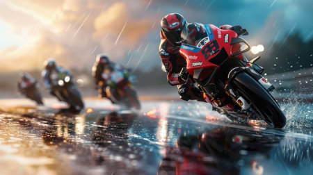 A dynamic motorcycle race on a wet track showcasing riders navigating through sprays of water....