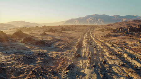 A breathtaking view of a desert track at dawn, illuminated by soft morning light. The serene landscape features rocky terrain and distant hills, evoking adventure.の写真素材
